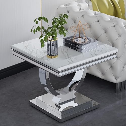 Miniatura 10 de Mesa auxiliar moderna de mármol, rectangular blanca y plateada con base de acero inoxidable en forma de U con acabado espejo plateado para sala de
