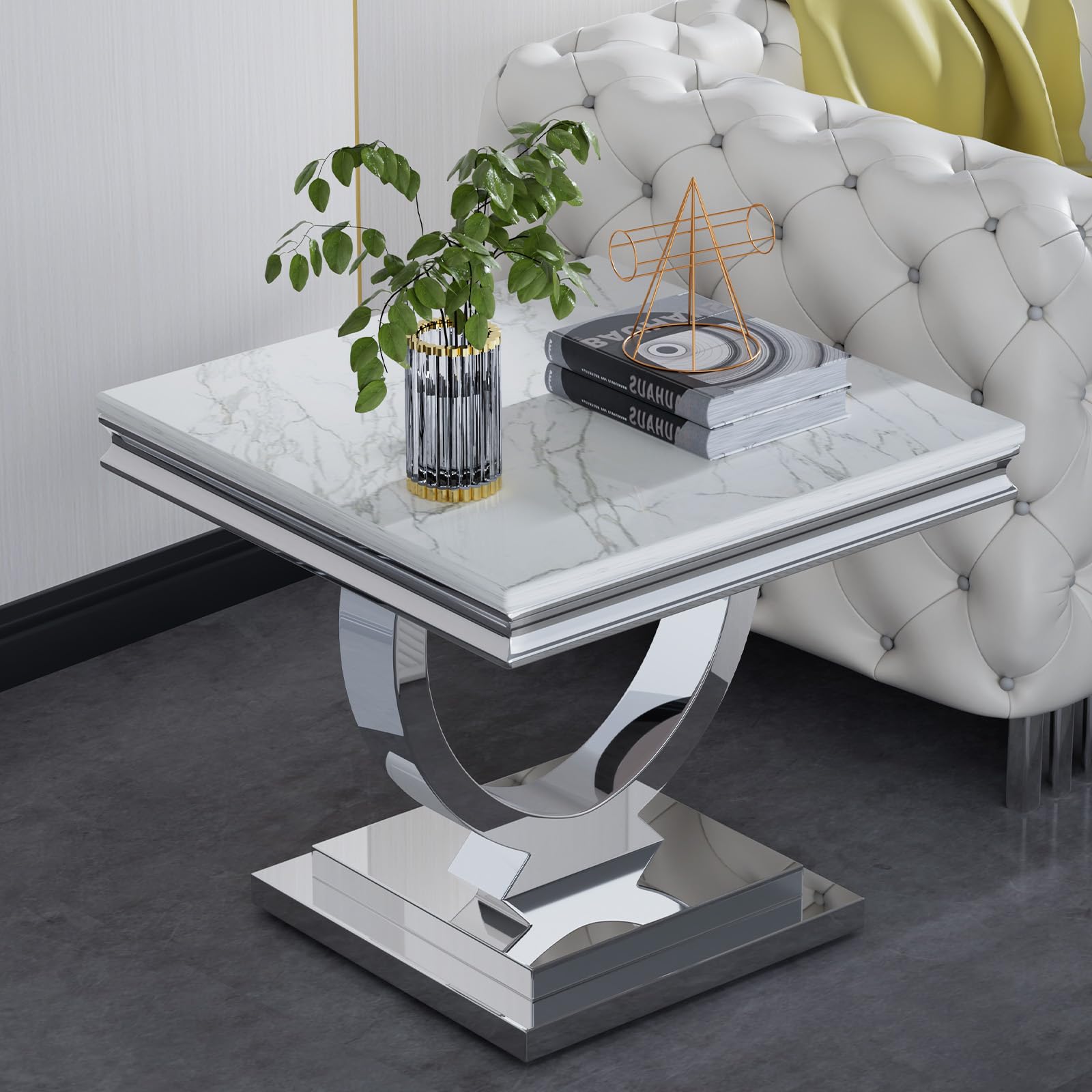 Marble Side Table,Modern Square End Table with Unique Stainless Steel Base and Faux Marble Tabletop,Luxury Accent Table Nightstand Bedside Table for