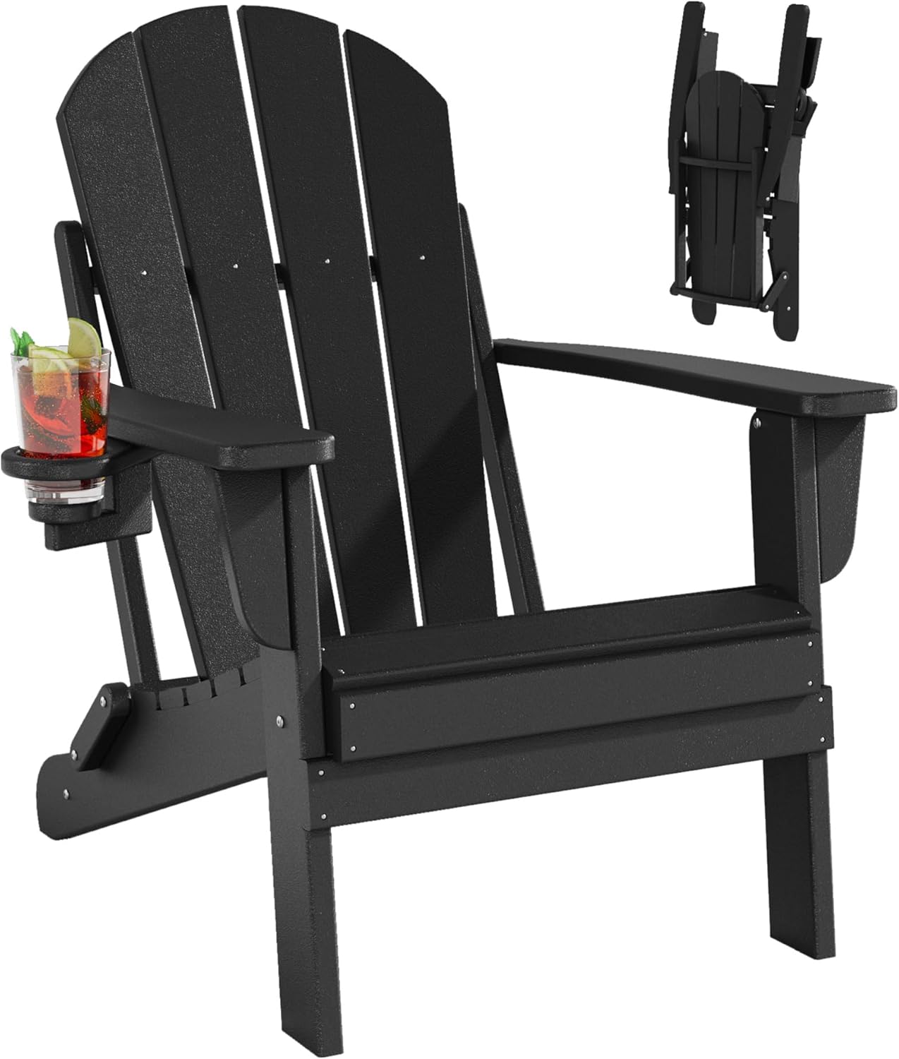 diromoti Folding Adirondack Chairs Set, All-Weather Resistant HDPE Patio Firepit Chairs, Sturdy Outside Chairs with Cup Holder, Lawn Chairs, 80% Pre-Installed Load Capacity 385lb, Black