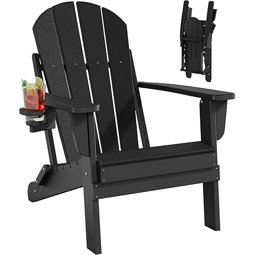Folding Adirondack Chairs, All-Weather Resistant HDPE Patio Firepit Chairs, Sturdy Outside Chairs with Cup Holder, Lawn Chairs, 80% Pre-Installed Load Capacity 385lb, Black