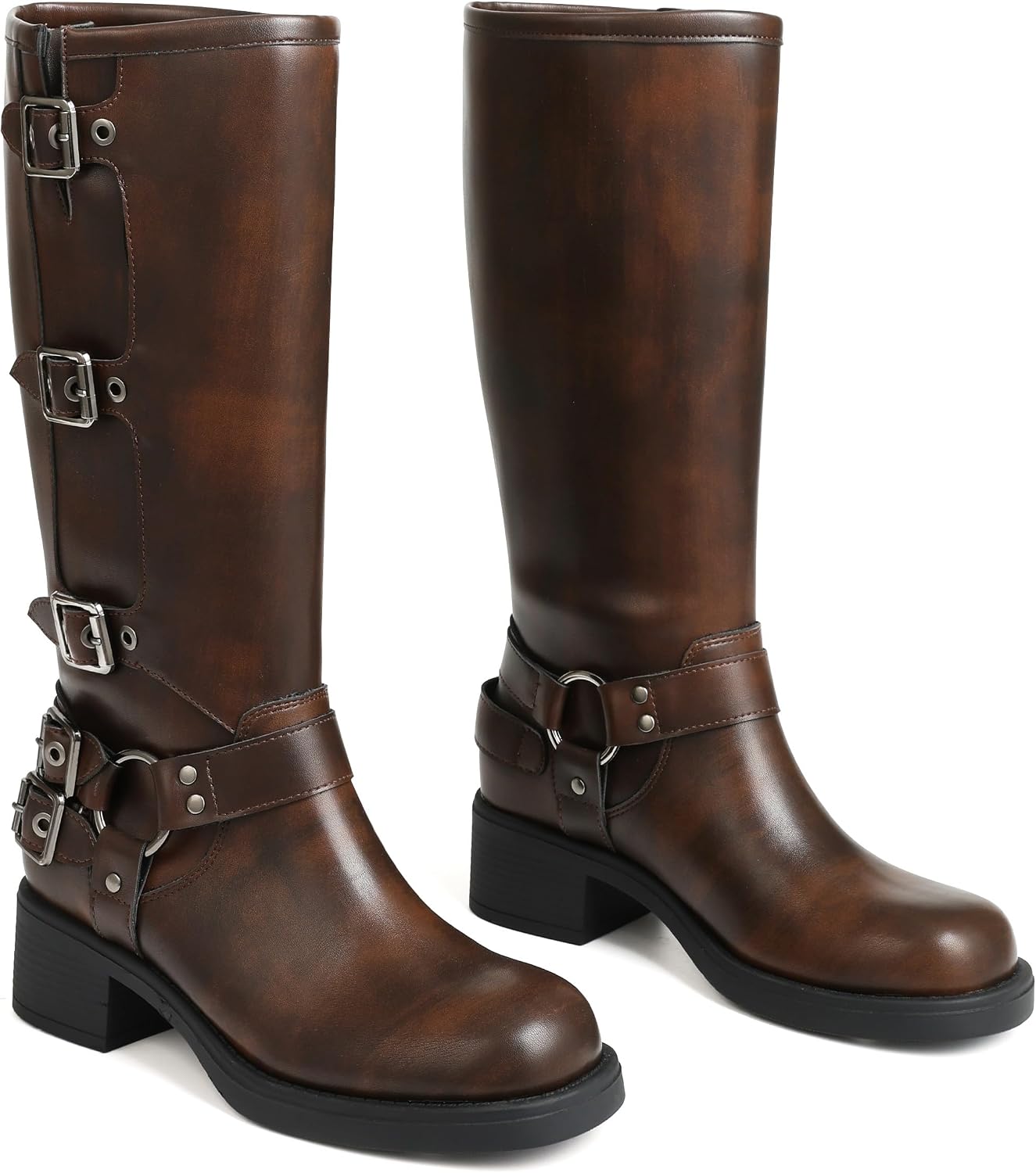 AMINUGAL Knee High Boots Women Moto Biker Buckle Tall Boots image 5