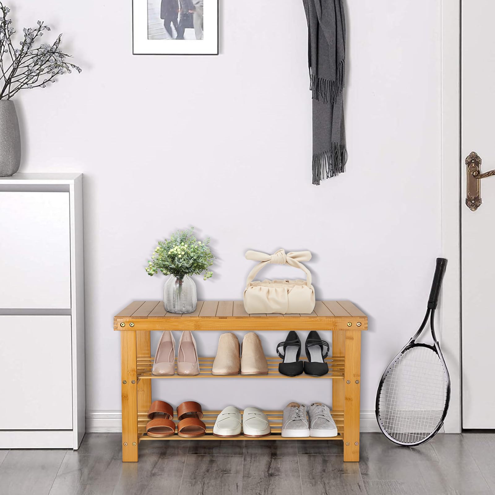 Kedia Schuhbank aus Bambus, Schuhschrank mit 2 Ebenen, Eingangsmöbel, Hocker mit Schuhregal, 70 x 27 x 42 cm (Holzfarbe)
