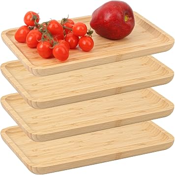 4 Pack 12 x 8 x 0.8 Inch Bamboo Serving Tray with Handles, Rectangular Wooden Breakfast Tray, Decorative Coffee Platter for Serving Food, Kitchen, Living Room, Picnic