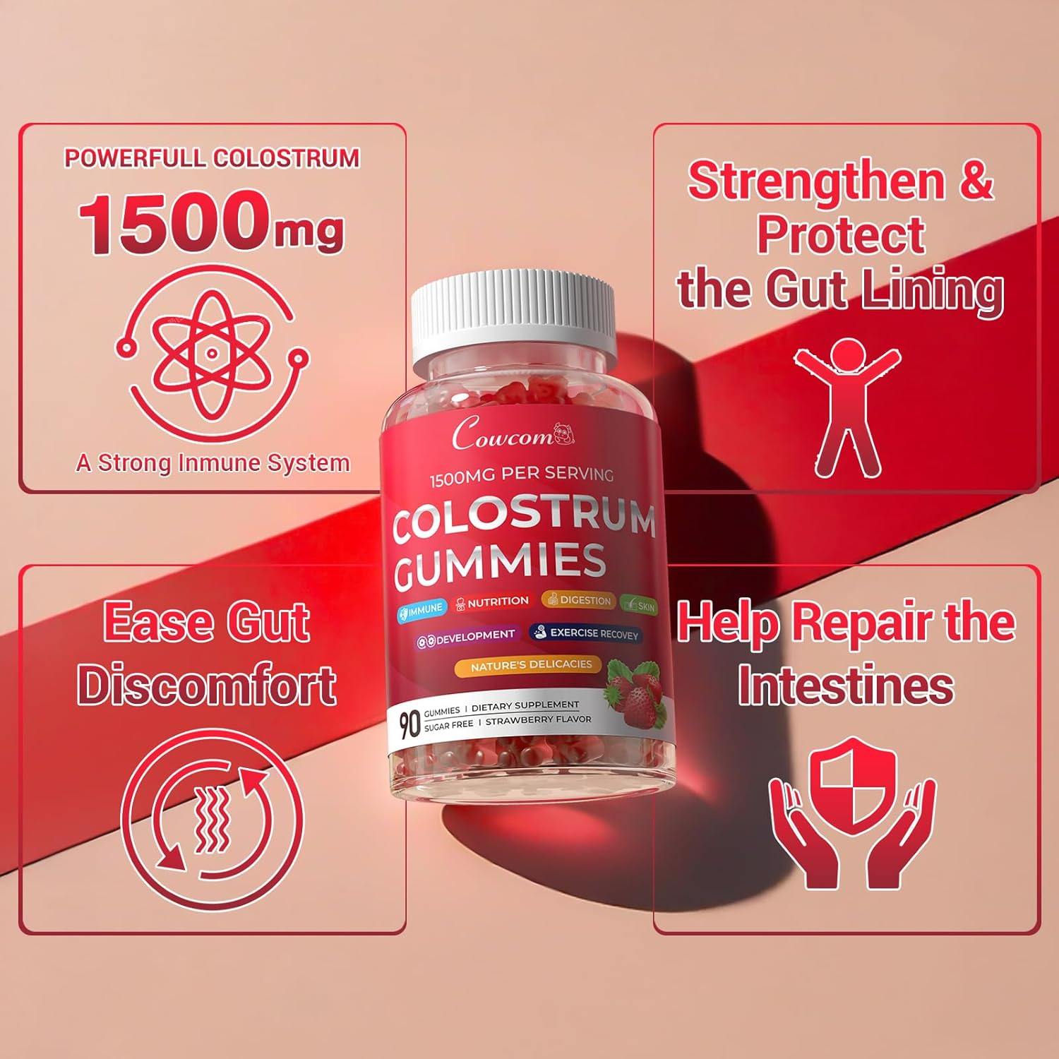 Colostrum Gummies with Vitamin D3,Sugar-Free 40% IgG Bovine Colostrum Supplement for Gut Health,Immunity,Bloating,Skin & Hair for Adults and Kids,Strawberry Flavor - 90 Count - Image 4