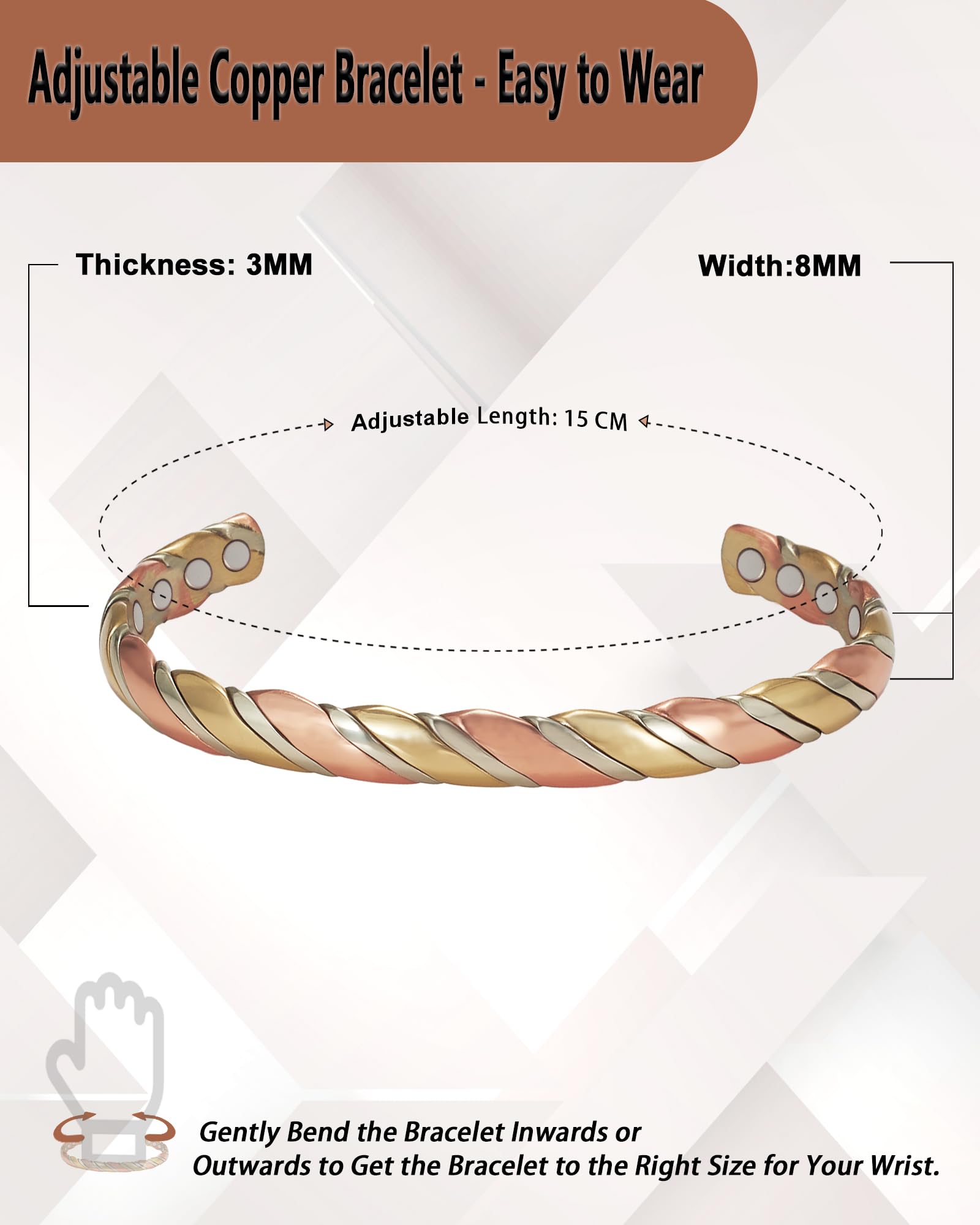 Wollet Bracelet magnétique en cuivre pour femme, bracelet manchette en cuivre – avec 8 aimants 3500 Guass avec coffret cadeau (CPB-0934-FBM)