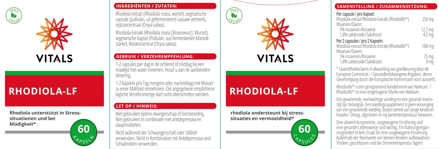 Vitals - Rhodiola Rosea 60 Kapseln, hochdosiert. Rhodiola für Stressbewältigung & Müdigkeit. Enthält qualitativ hochwertigen Rhodiolife Extrakt.
