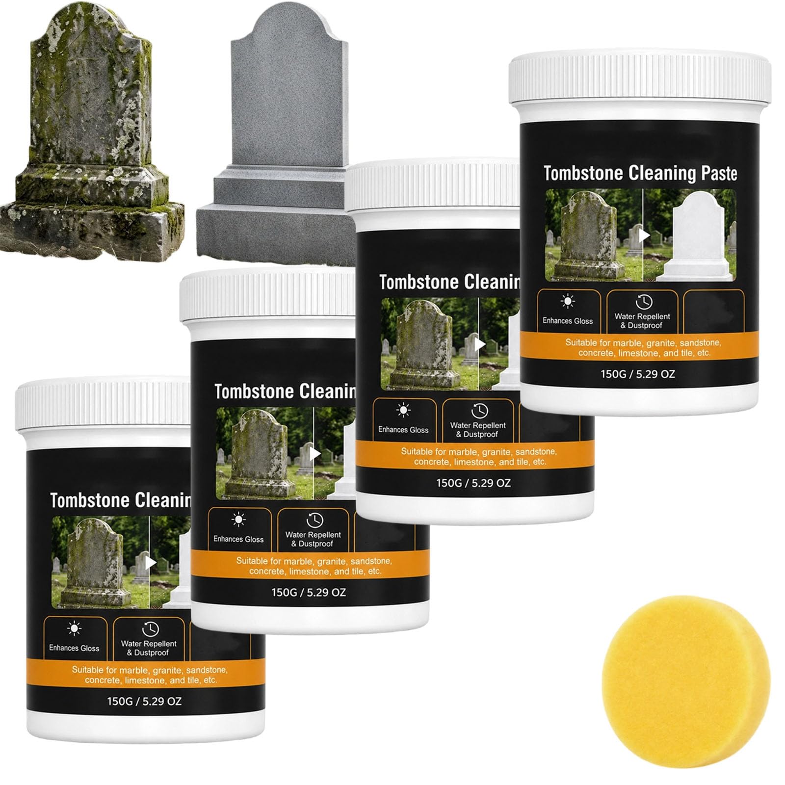 Kit de limpieza de lápidas con esponja – Pasta de cuidado de lápidas para mármol, granito y arenisca, limpiador de piedra multiusos y crema pulidora, quitamanchas y restaurador para lápidas al aire