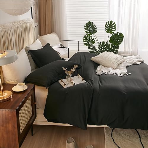 Miniatura 3 de VClife Juego de funda de edredón de microfibra suave lavada, 3 piezas de color negro sólido, 1 funda de edredón negra individual y 2 fundas de