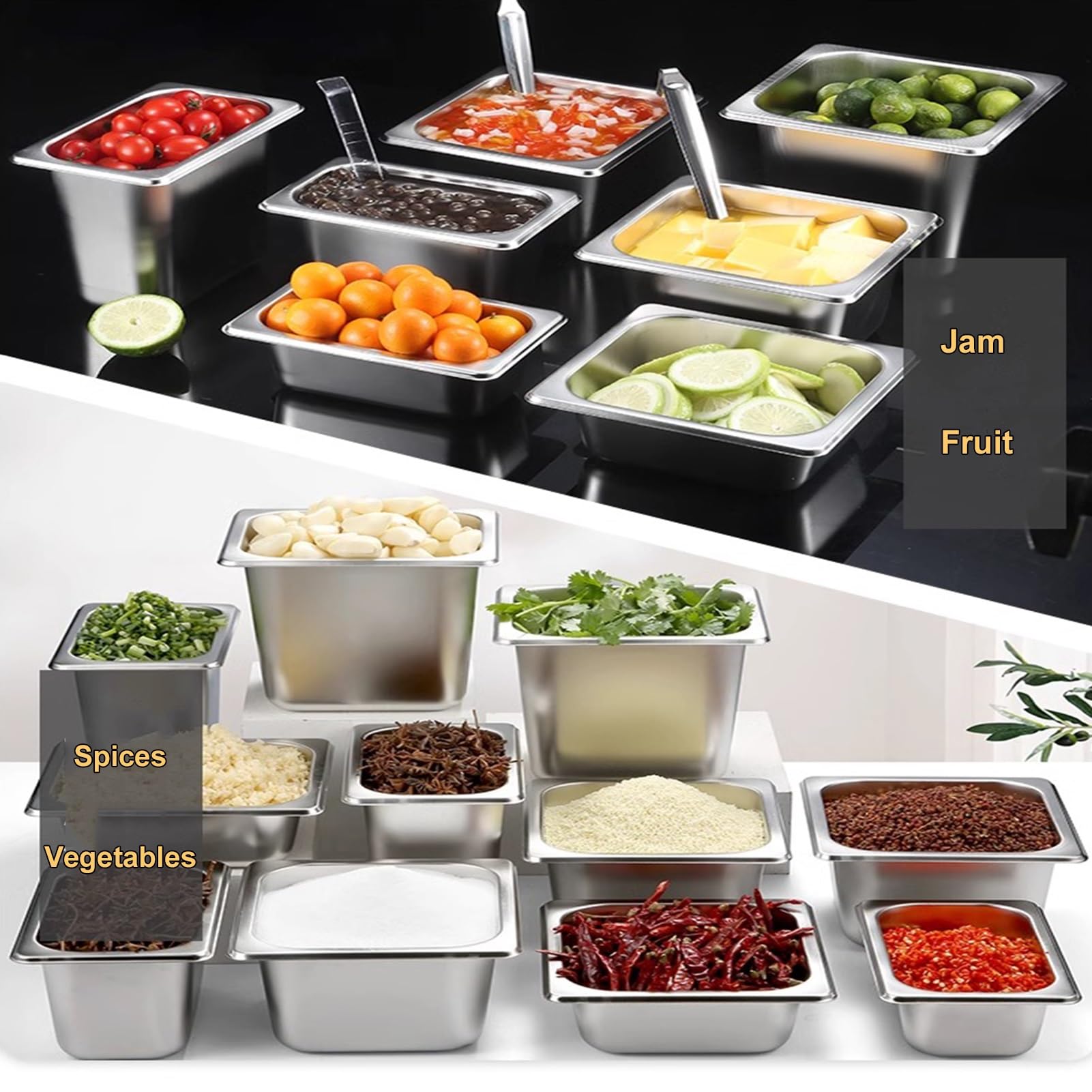 Estante expandible de acero inoxidable 304 con cucharas para ensalada de salsa, estante de especias acrílico transparente de 2 niveles, dispensador de hielo para guarnición de bar (plata/B