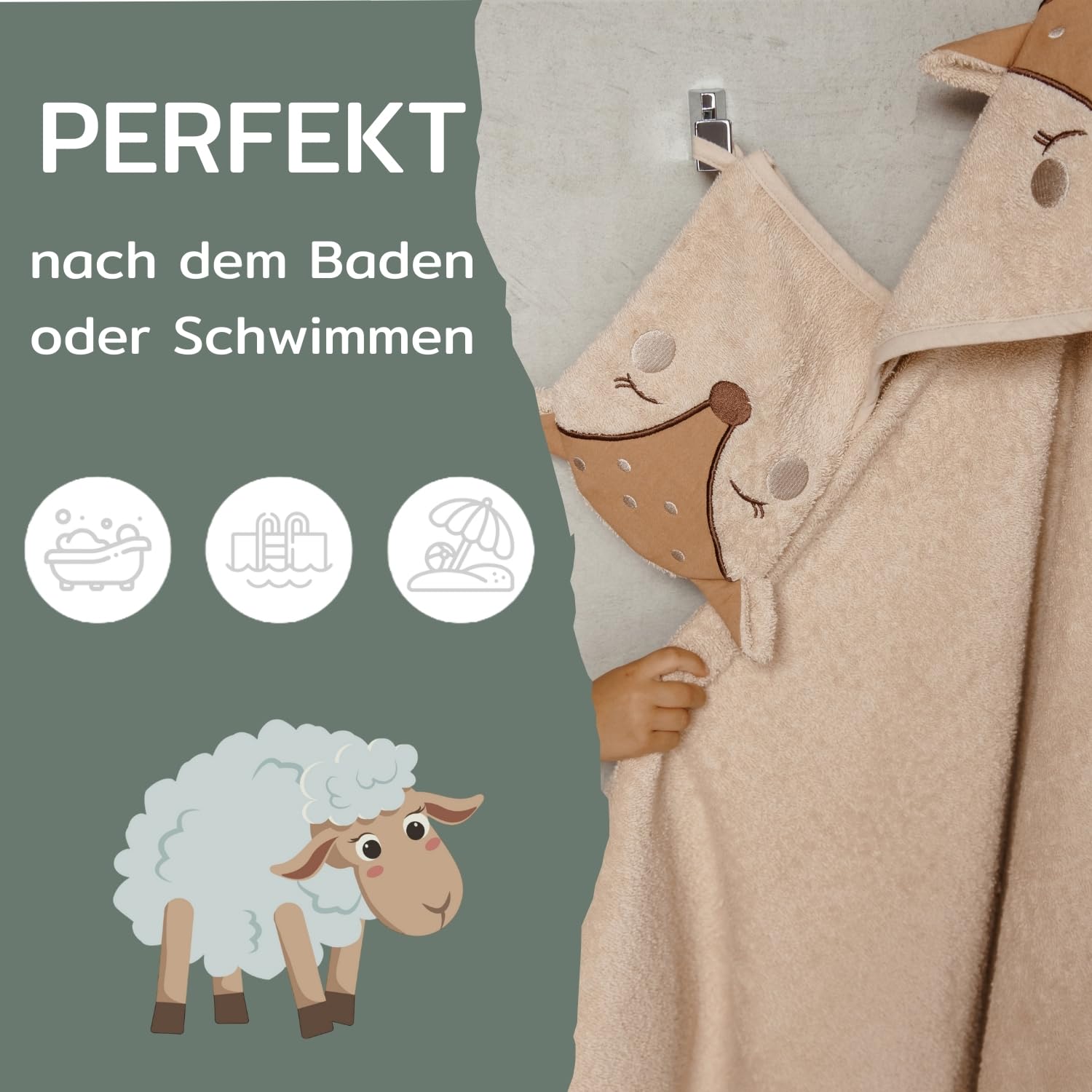 Babyhandtuch mit Kapuze und Waschlappen 100x100 cm – Handtuch Rentier aus 100% Baumwolle - REH Badetuch mit Kapuze - Geschenk Geburt - Baby Erstausstattung Neugeborenen Set