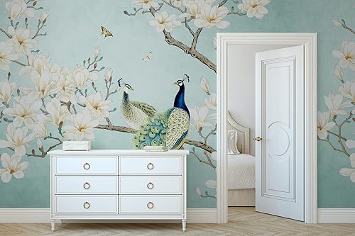 Miniatura 3 de Murwall Peacock Wallpaper Chinese Peacock Wall Mural Magnolia Floral Wall Art Flower Wall Decor Chinese Home Decor Asiatic Wall Painting Cafe Decor