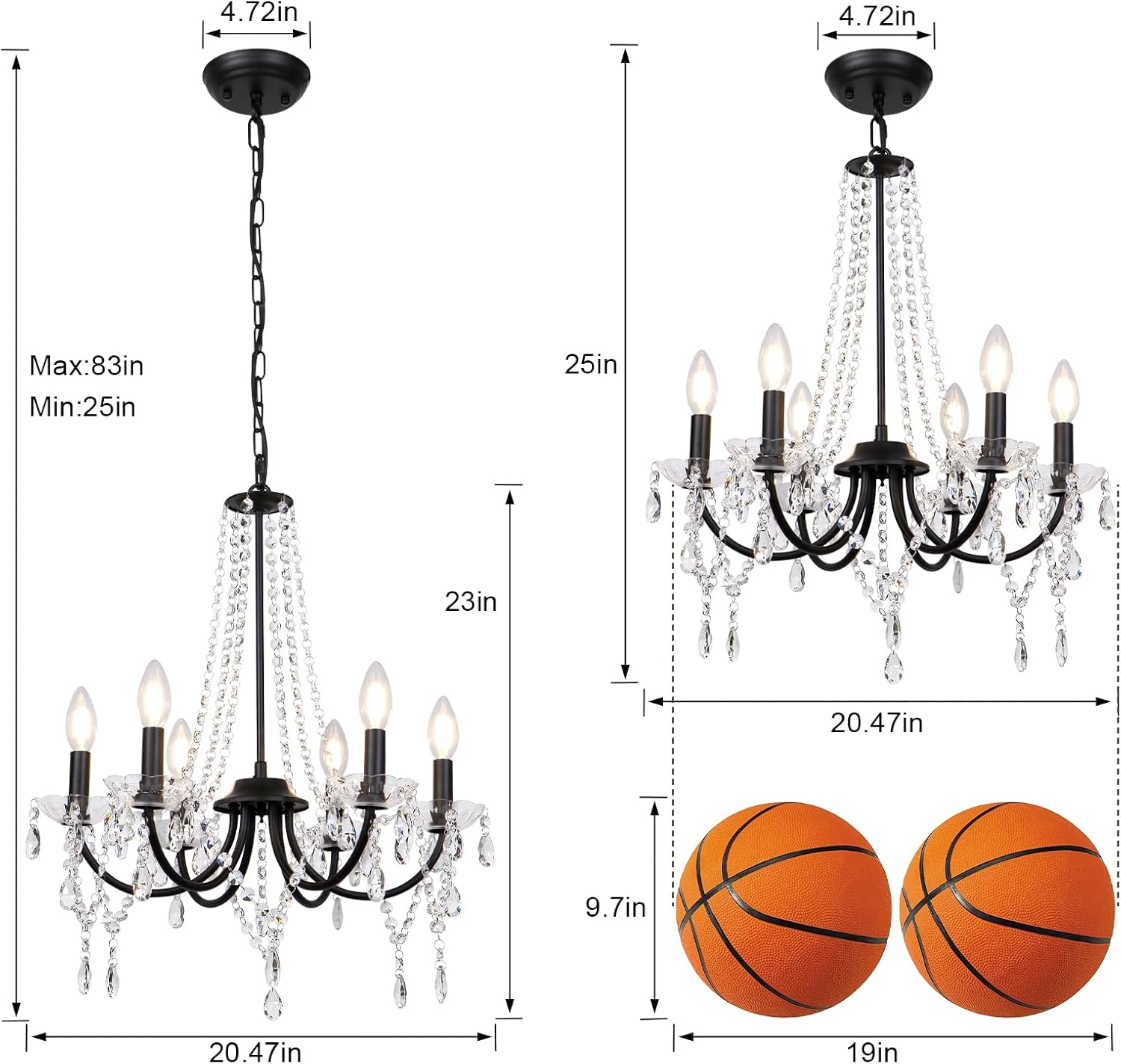 LynPon Black Crystal Chandeliers for Dining Room, 6 Lights Modern Farmhouse Chandeliers, Vintage Candle Hanging Pendant Flush Mount Chandelier for Bedroom, Bathroom, Kitchen, Foyer, Entryway