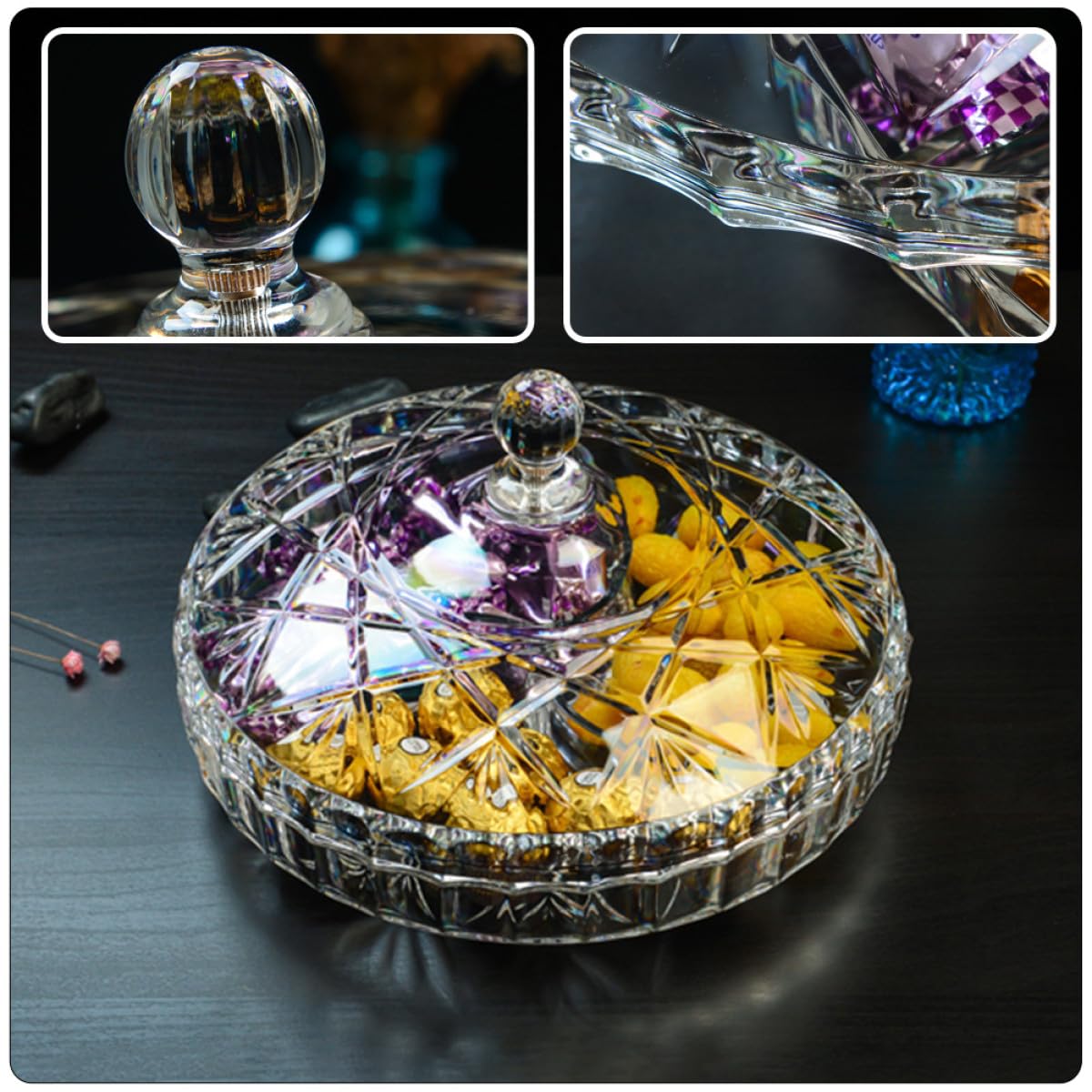 Caja de Aperitivos Pequeña Transparente de Acrílico con 3 Compartimentos y Tapa para Frutas Secas y Snacks en Hogar, Bandeja Organizadora Práctica y Ligera para Reutilizable