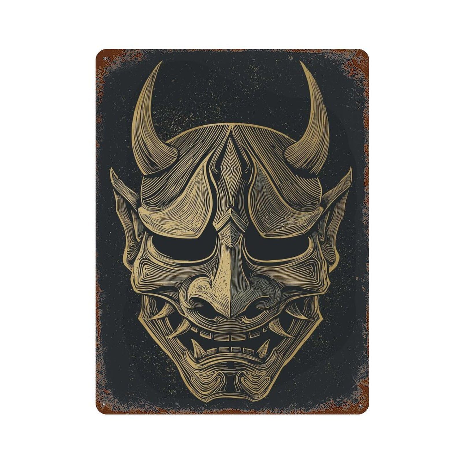 Decorative Tin Sign with Detailed Oni Mask Illustration Design 15.7"x11.8", for Garage, Bar And Workshop Decor, Farmhouse Wall Decor