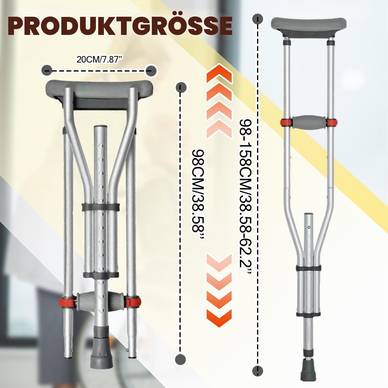 Unterarmgehstützen Aluminium, Faltbare Krücken höhenverstellbar 135–195 cm, 136 kg belastbar, Gehstützen mit rutschfesten Füßen, für Erwachsene nach OP oder Beinverletzung, 1 Paar