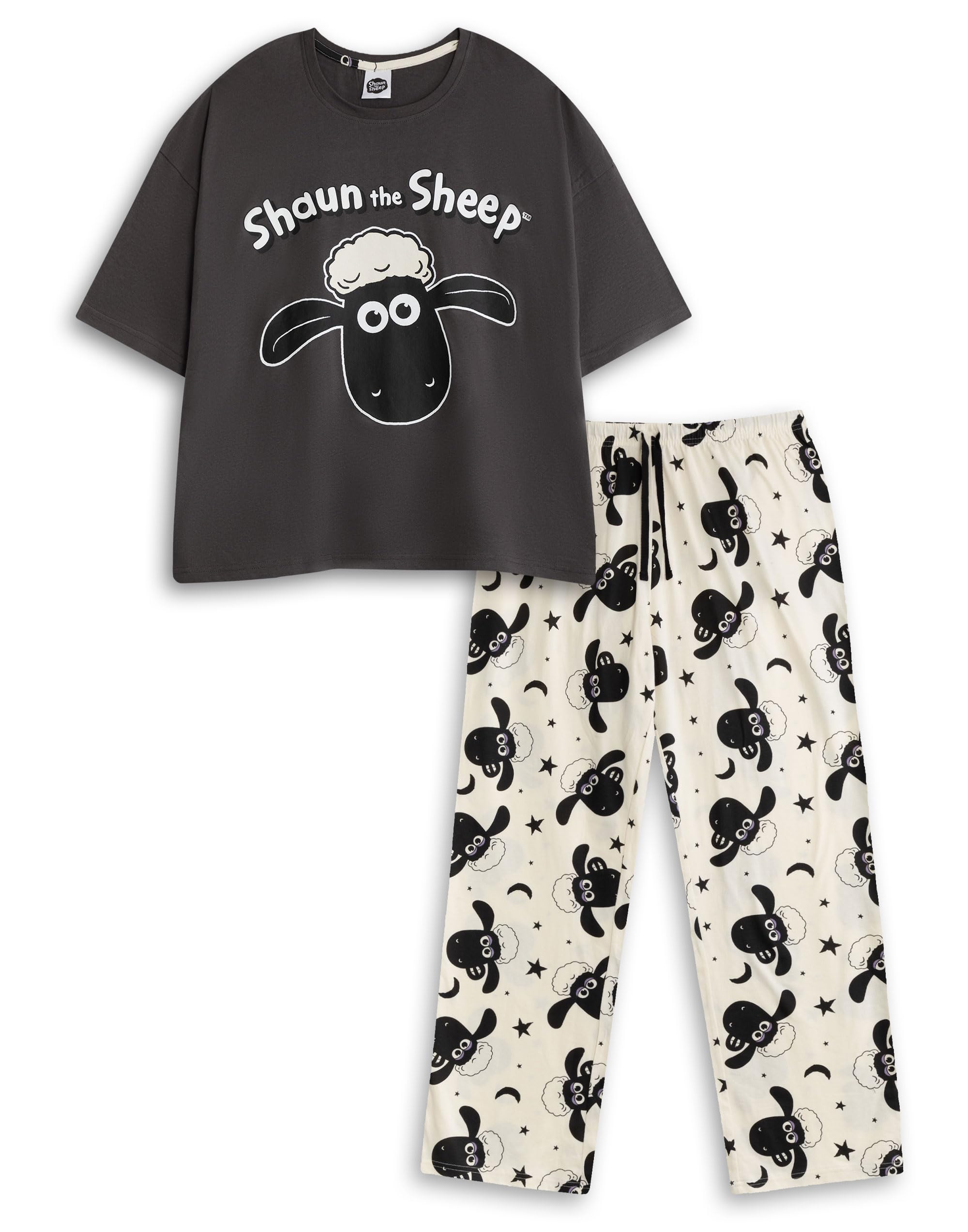 Vanilla Underground Shaun The Sheep Womens Black and Cream Short Sleeve Long Leg Pyjama Set | Cartoon Print Nightwear for Sleep & Relaxation | Retro PJs featuring Shaun