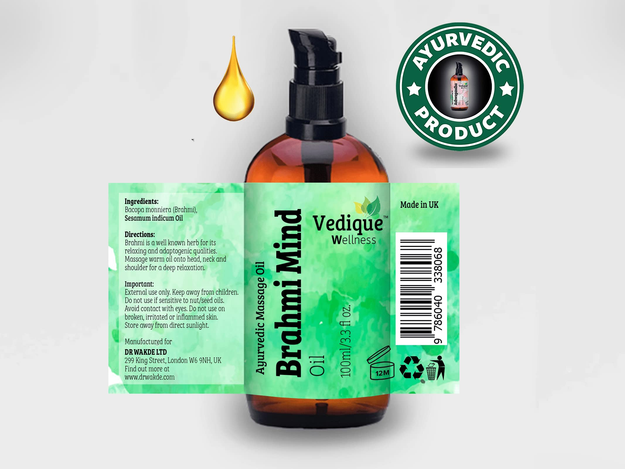 VEDIQUE Remedies Brahmi Mind Oil | 500 ml | ayurvedisches Kopfmassageöl | tief beruhigend, entspannend und pflegend | ganz natürlich