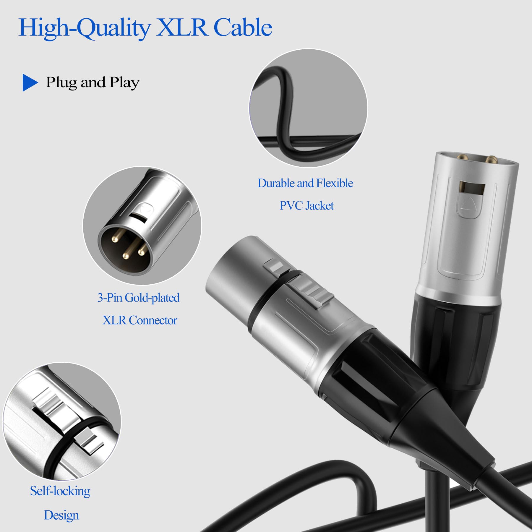 tisino Cable de micrófono XLR a XLR, paquete de 6 cables de micrófono XLR macho a hembra multicolor con conector XLR de 3 pines, cable XLR equilibrado para estudio de grabación, podcast, mezclador de