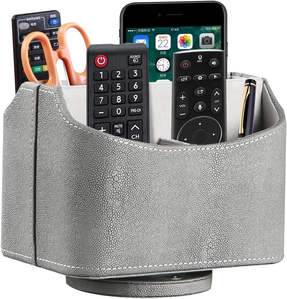 PUSU Remote Control Holder PU Leather 360 Degrees Rotatable Desktop Supply Organizer Storage Box for Controllers Media Stationery Nightstand TV Caddy E-reader iPad Phone Pen/Pencil Cosmetic