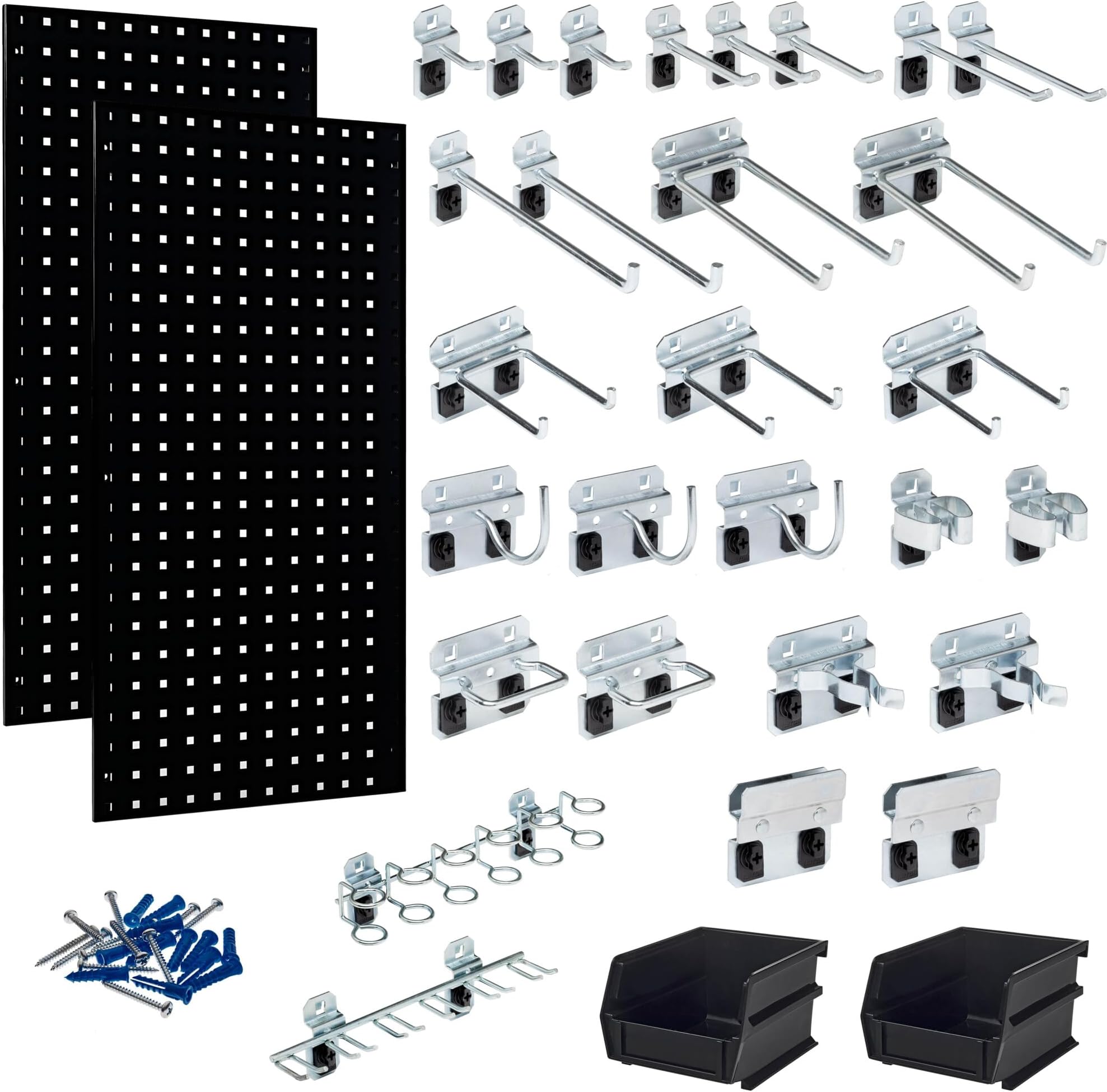 Triton Products LocBoard LB18-BKKit (2) 18 in. W x 36 in. H x 9/16 in. D Black Steel Square Hole Pegboards with 30 pc. LocHook Assortment & Hanging Bin System, 18 x 36 x 9/16"