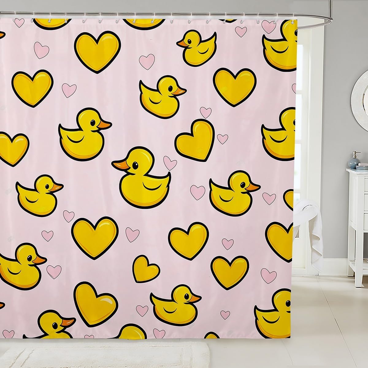 Erosebridal Yellow Duck Shower Curtain Set,Cute Rubber Duck Bathroom Decor for Kids Girls Boys,Pink Love Heart Bathroom Set Gifts for Pet Lovers,Funny Animal Print Fabric Shower Curtain 72 x 78 Inch
