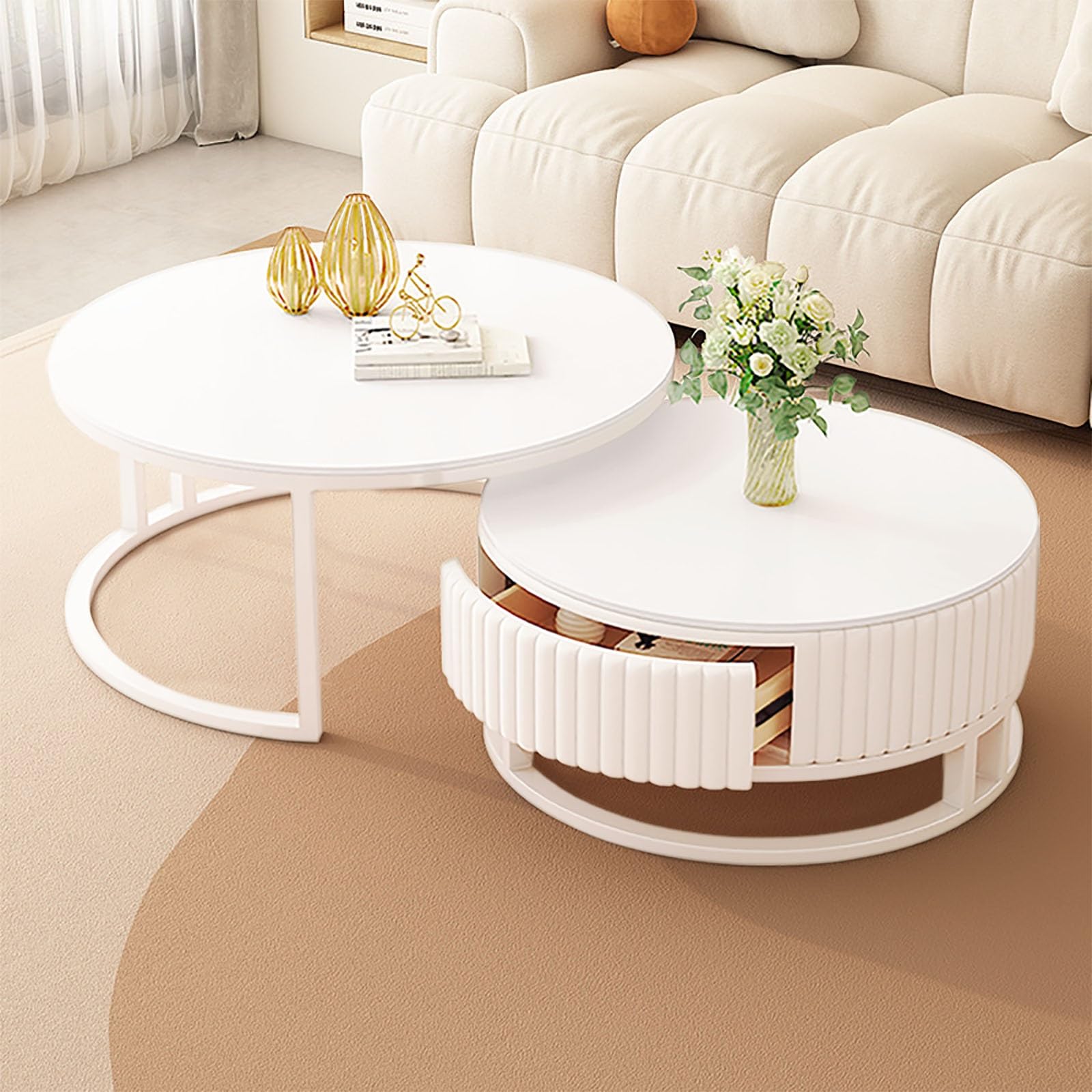 Marmor Couchtisch Rund Weiss Mit Stauraum Runder Couchtisch Weiß 2er Set 50+70cm Wohnzimmertisch Modern Mit Holz Schublade Satztische Fürs Wohnzimmer Tisch Ausziehbar Couchtische