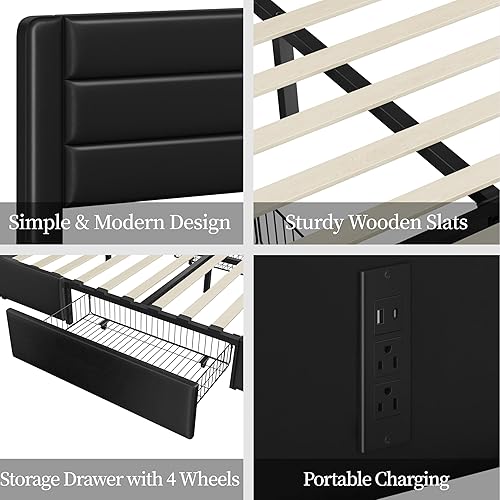Miniatura 9 de Yaheetech Base de cama tamaño Queen con 2 estaciones de carga USB para cajones de almacenamiento USB y tipo C3 plataforma tapizada de cuero con