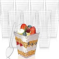Vista 7 de Paquete de 50 tazas de plástico transparente de 5 onzas con tapas y cucharas, tazas cuadradas reutilizables para aperitivos de parfait, taza