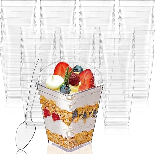 Paquete de 25 Vasos de Postre de Plástico Transparente de 5 oz con Tapas y Cucharas, Vasos Cuadrados Reutilizables para Parfait y Aperitivos, Vasos