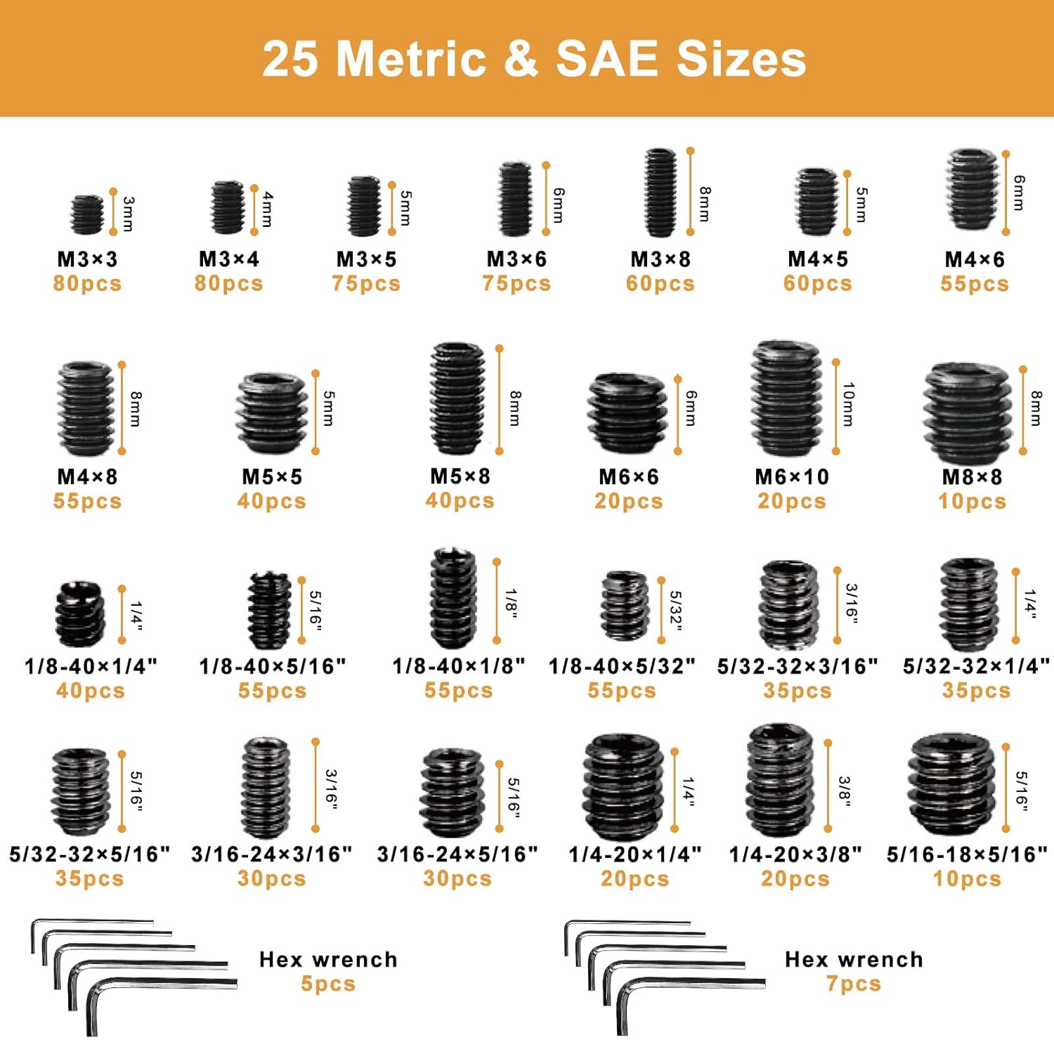 VIGRUE 1105PCS 25 Sizes Metric & SAE Set Screw Assortment Kit Internal Hex Drive Allen Grub Screws Set Cup-Point Alloy Steel, M3 to M8 and 1/8-40 to 5/16-18