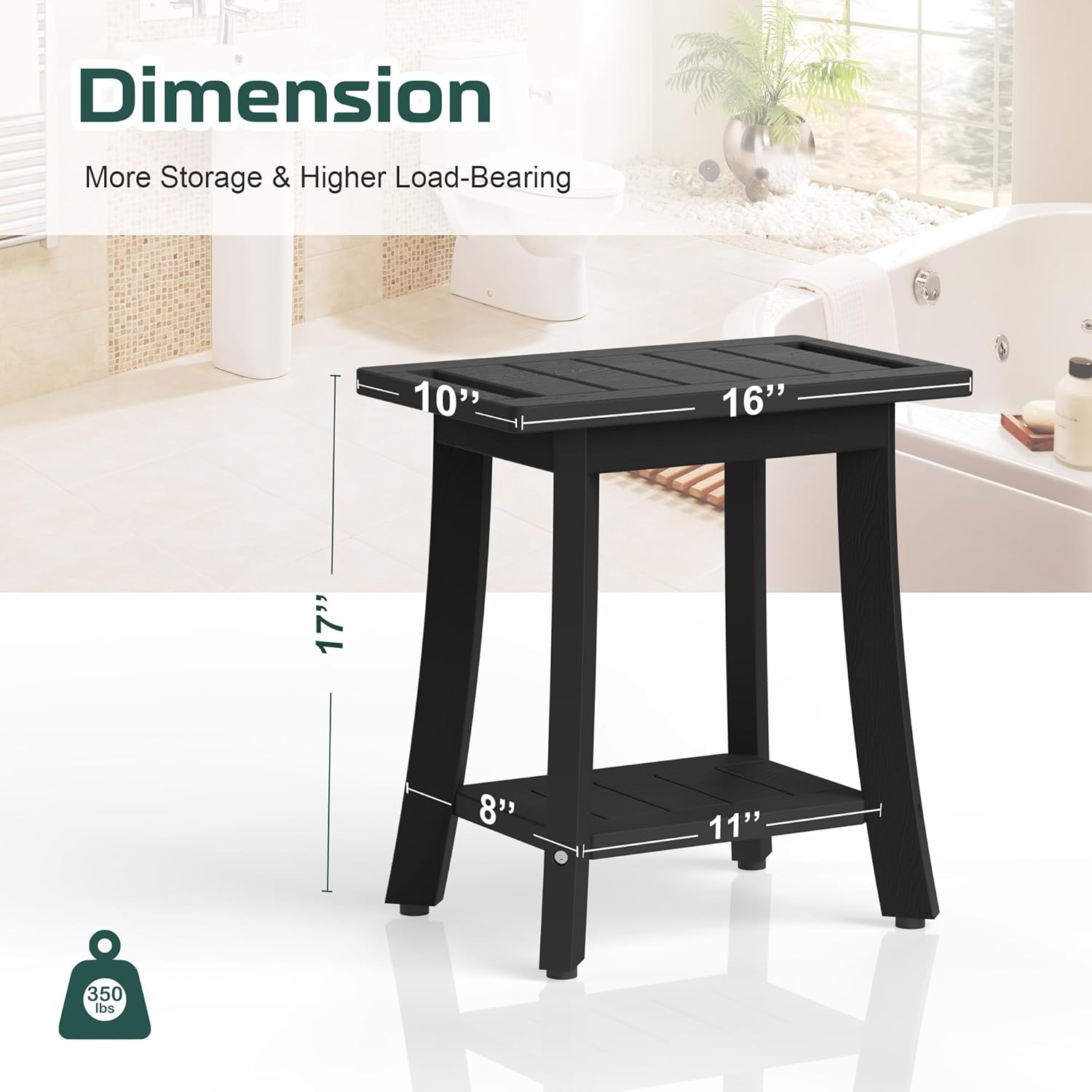 Waterproof Shower Benches for Inside Shower, Poly Lumber Shower Stool with Storage Shelf & Adjustable Feet, SPA Bathroom Seat Chair for Shaving Legs, Indoor or Outdoor Use, Black