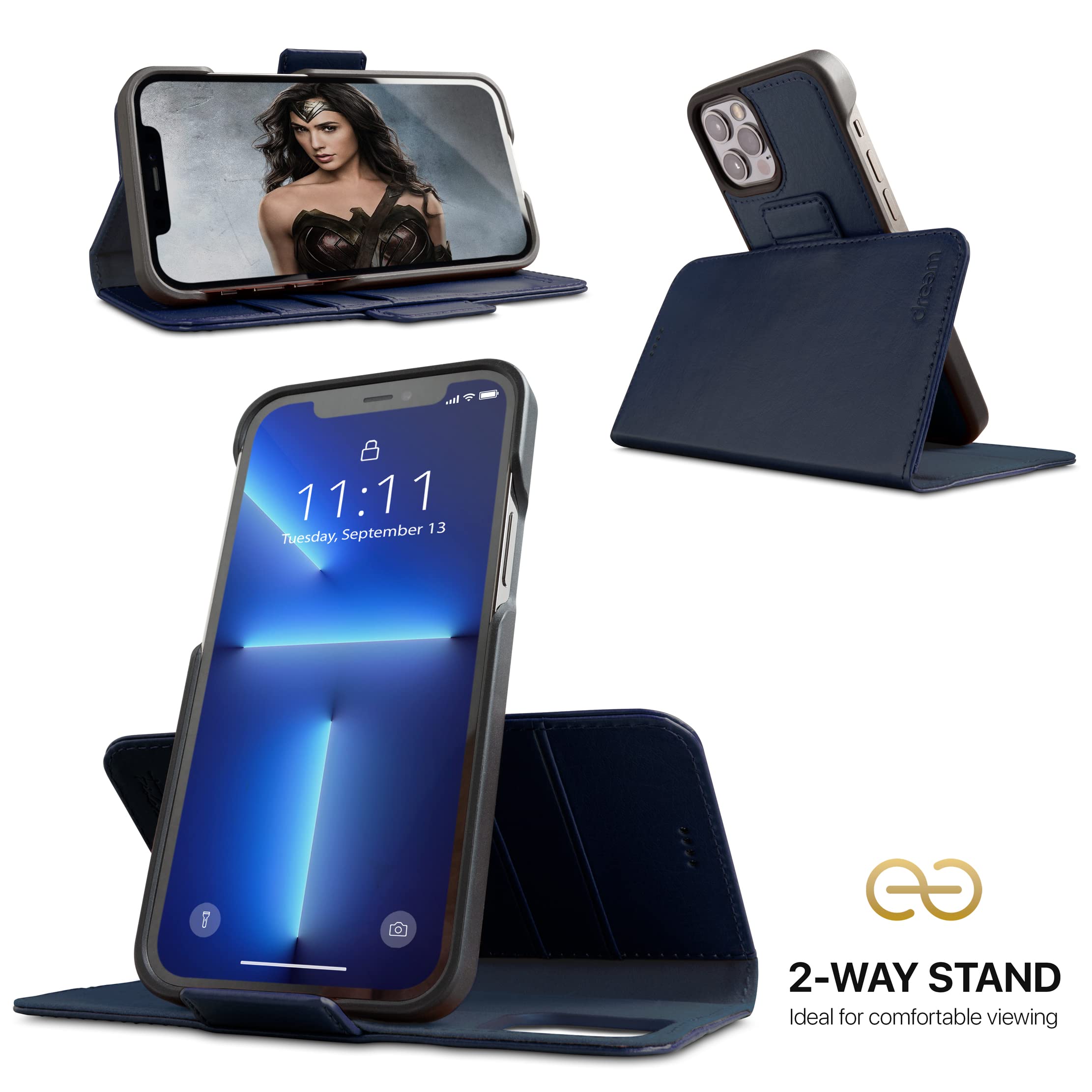 dreem custodia portafoglio rimovibile per iPhone 13 Pro Max in pelle vegana | Supporto per telefono integrato, porta carte blocco RFID, compatibile con MagSafe, confezione regalo [Fibonacci: Reale]