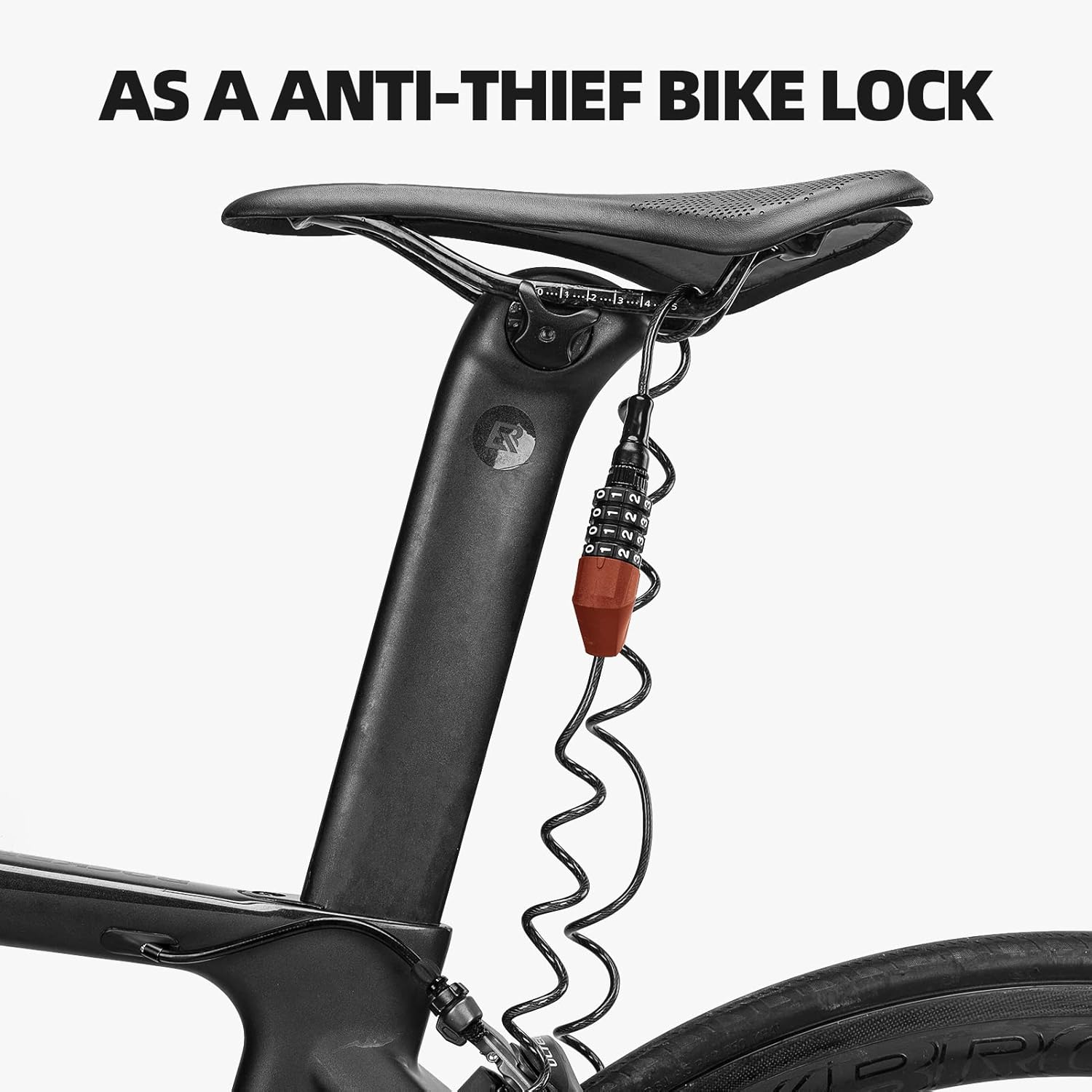 ROCKBROS cable lock securing a bicycle wheel to the bike frame.