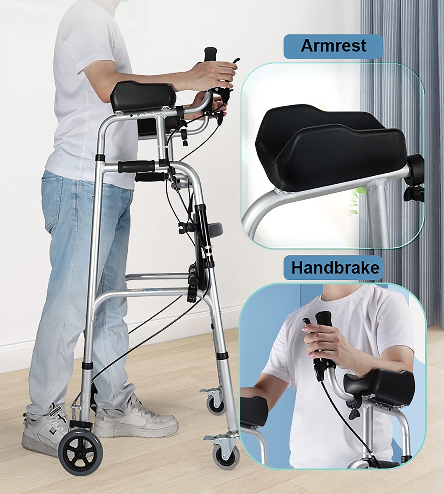 LXLA Gehhilfe für Senioren Senioren Aufrechter Walker Mit Handbremse&Armstütze,1-Knopf-Kompakt-Klapprollator,Leicht Verstellbare Höhe Mobilitätshilfe (Color : with seat)