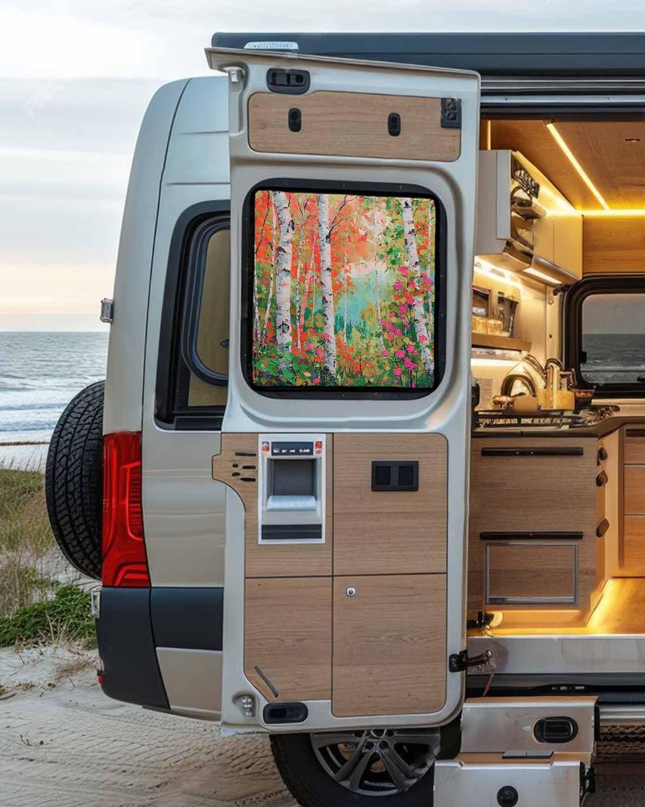 LEOKOTI RV Door Window Shade, Oil Painting Blackout RV Window Shades Foldable, Modern Abstract Art Summer Tree Leaves Green Pink Privacy Insulation Car Covers 16