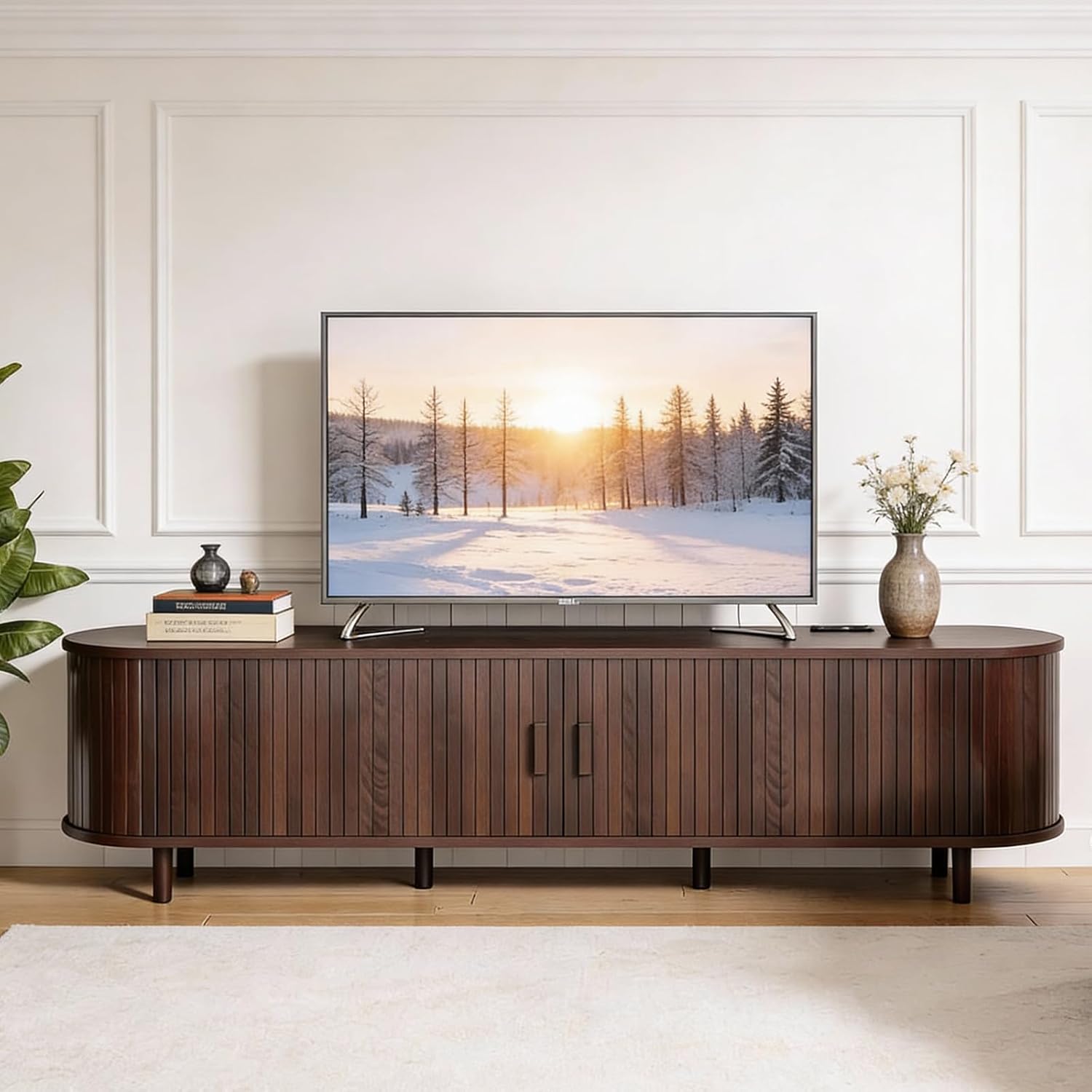 70" Mid Century Modern TV Stand, Wood TV Consoles with Sliding Doors and Power Outlet, Entertainment Center with Adjustable Shelves, Fluted TV Stands for Living Room, Walnut - Image 9