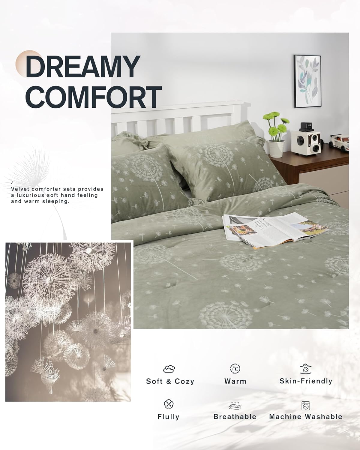 Comforter Set Queen Size, Green Velvet Comforter with Soft Brushed Microfiber Reverse, All Season Cozy Velvet Bedding Sets, Fluffy Comforter Bed Set Matching 2 Pillowcase, CS-QV1-OL