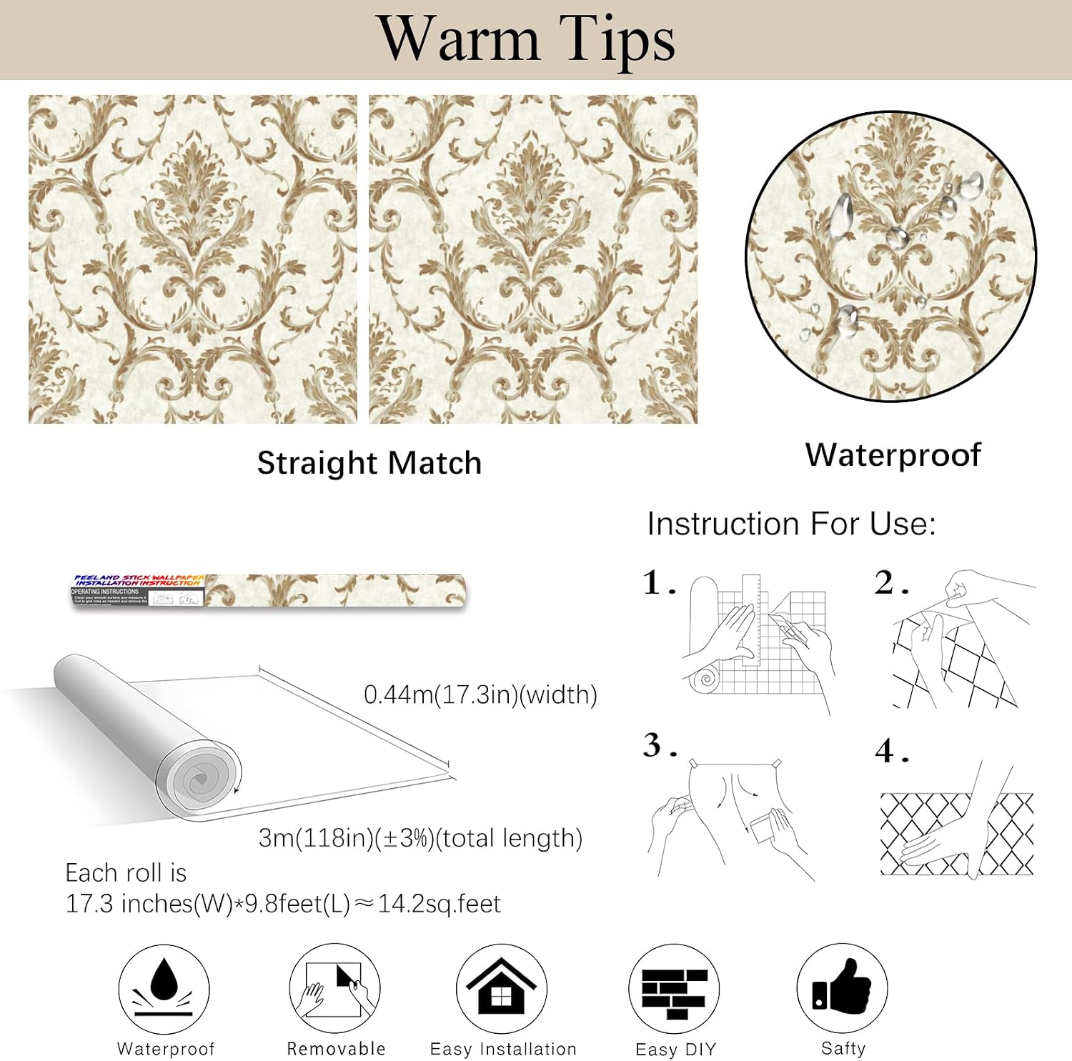 Vintage Damask Peel and Stick Wallpaper, Self Adhesive Removable Vinyl Wall Covering, Cream and Gold, Traditional Style, 44cm x 300cm (17.3" x 118"), for Bedroom, Living Room
