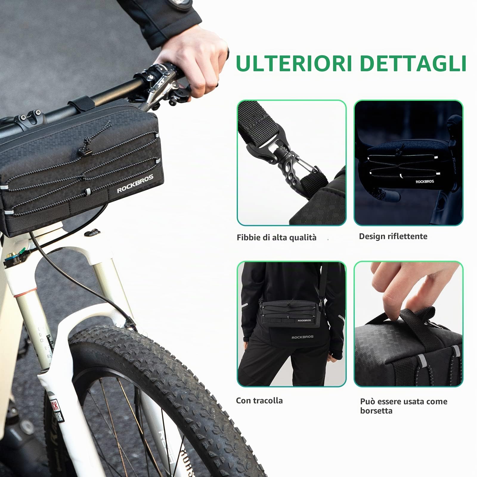 ROCKBROS Borsa Manubrio Bici Multifunzione 2L Tracolla Portatile Scooter | Convertibile in Borsa a Tracolla, Capacità Spaziosa 2L, Leggero e Resistente. Compatibile con MTB, Scooter e Monopattini
