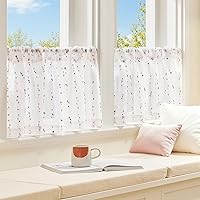 Vista 3 de jinchan Cortinas de cenefa para ventanas de 16 pulgadas, coloridos mini pompones, cenefa de cocina de granja, cenefa de gasa semitransparente