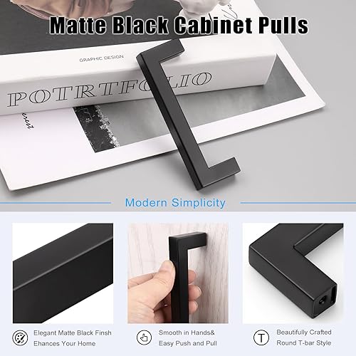 Miniatura 4 de KNOBWELL Paquete de 50 manijas de gabinete de cocina color negro mate de 4 pulgadas, distancia de agujeros de 4 pulgadas, tiradores de cajón negros