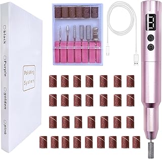 Nail Drill Kit Electric Rechargeable Set Cordless Nail Art Grinding Machine Compact Professional Nail File for Gel Manicure Pedicure Polishing Tool Household,Nail Removal Machine (Metallic Pink)