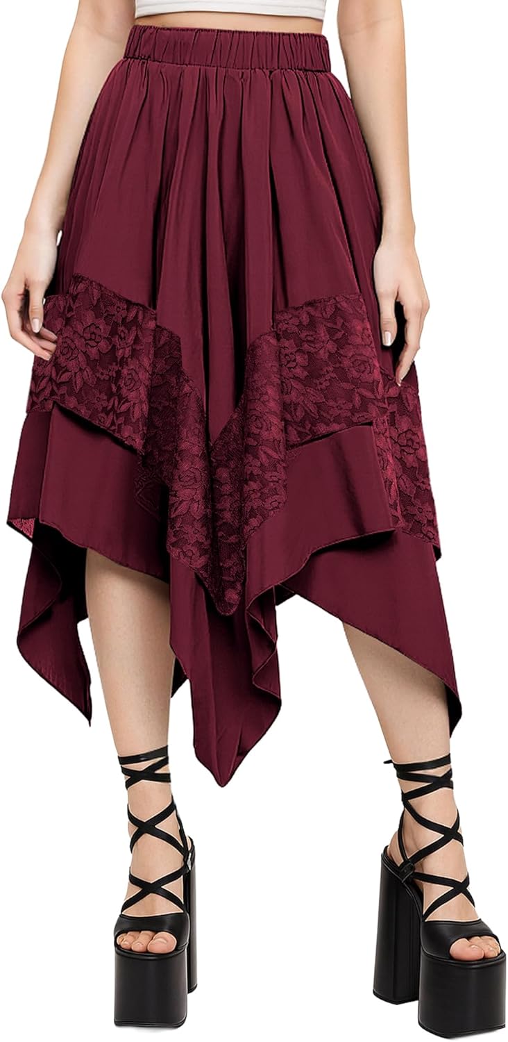 Simlakey Women Renaissance Fairy Skirt Y2K Flowy Skirt Asymmetrical Layered Lace High Waist Gothic Boho Pirate Costume
