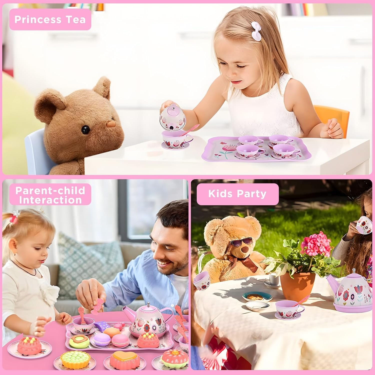 Teeservice Kinder, 46 Teile Puppengeschirr Kinderküche Tin Teekanne Set, Spielküche Zubehör für Kinder Küche Tee Party, Rollenspiele für Spielzeug Mädchen 3 4 5 6 7 Jahre Geschenkideen