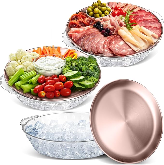 3 Set 11.8" Chilled Serving Tray for Parties with Compartments Ice Chilled Party Platter Charcuterie Serving Board Cold Dish Dip for Fruit Seafood Vegetable Shrimp Cocktail (Gold)