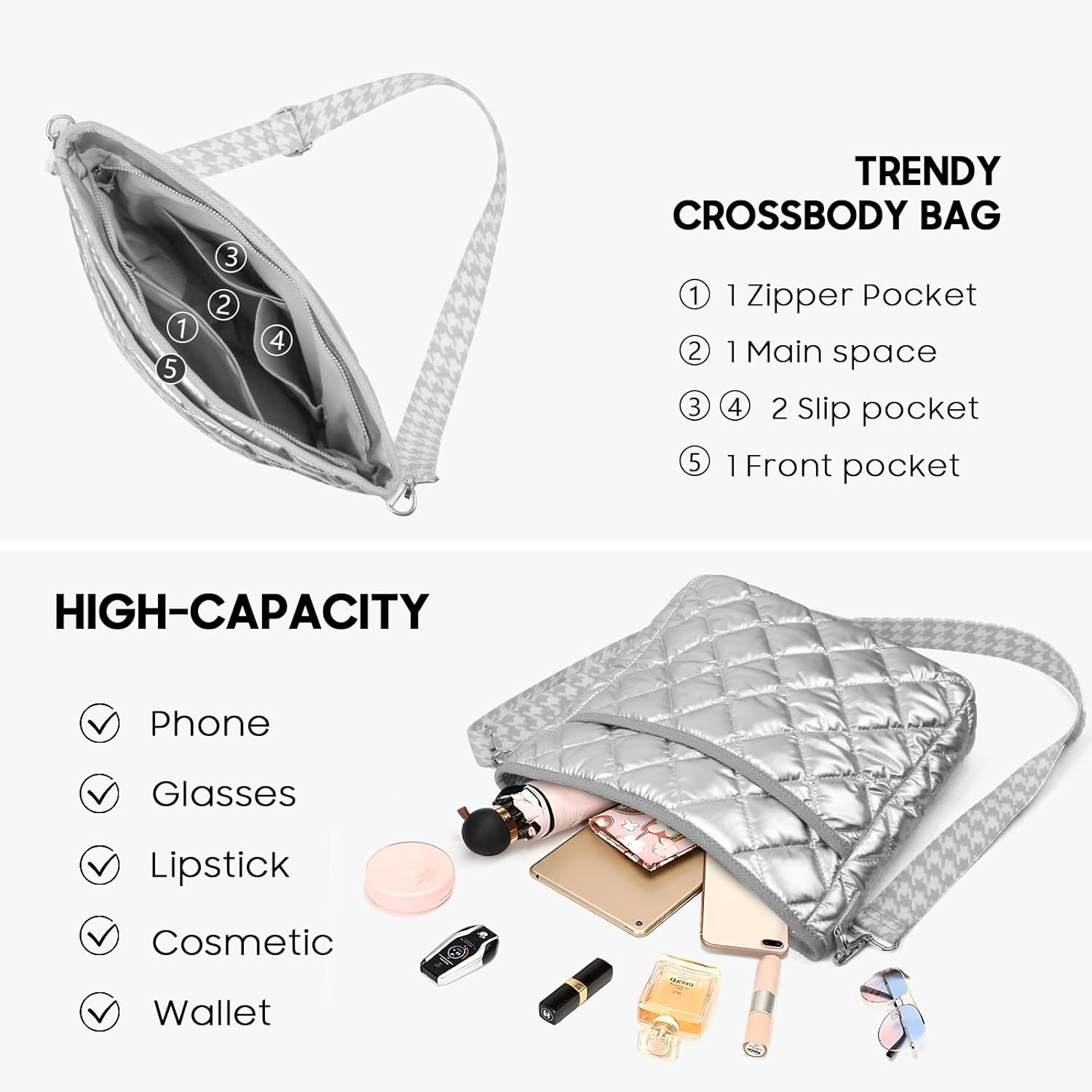 Quilted Crossbody Bags for Women, Unique Pattern Strap Quilted Bag, Crossbody Purses for Women, Quilted Puffer Bag for Women - Image 5