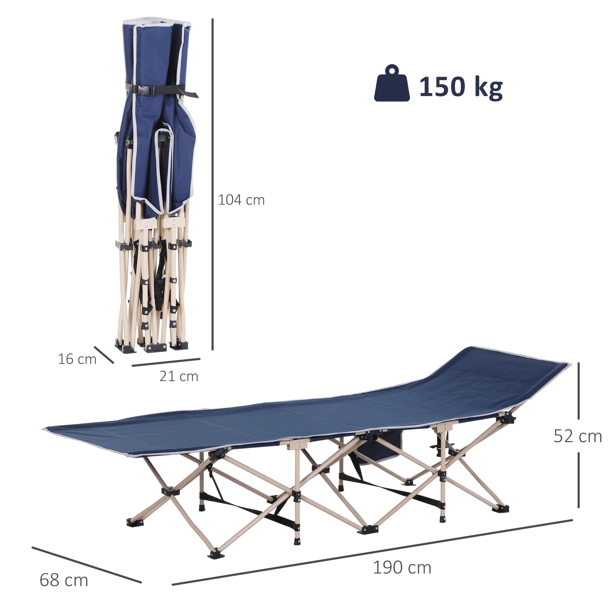 Outsunny Feldbett mit Aufbewahrungstasche, Faltbares Campingbett, Campingliege, Inkl. Tragetasche, Stahl Oxford, 190 x 68 x 52 cm