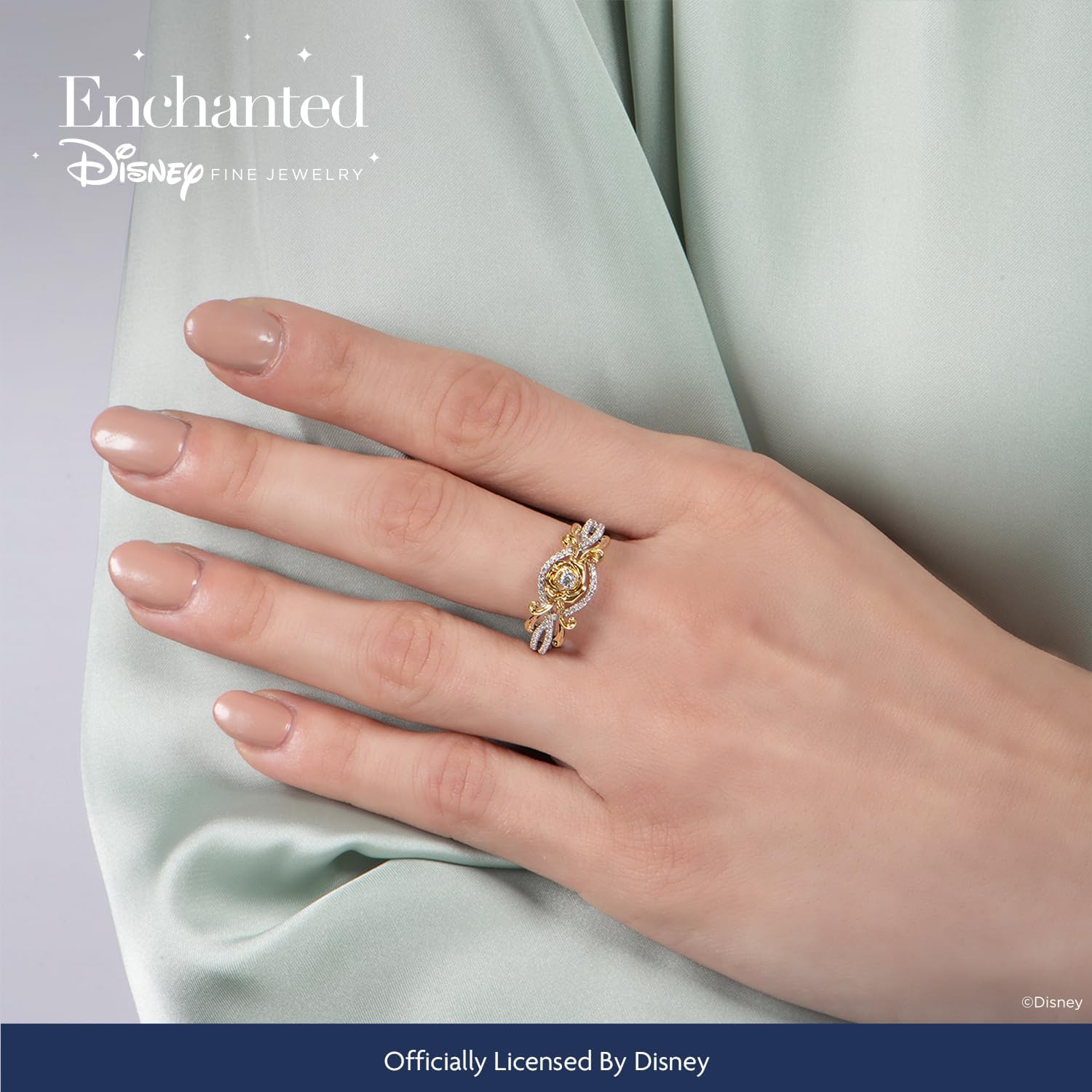 Jewelili Enchanted Disney Fine Jewelry 10K Yellow Gold and Sterling Silver 1/5 Cttw Natural White Round Diamond Belle 30th Rose Ring