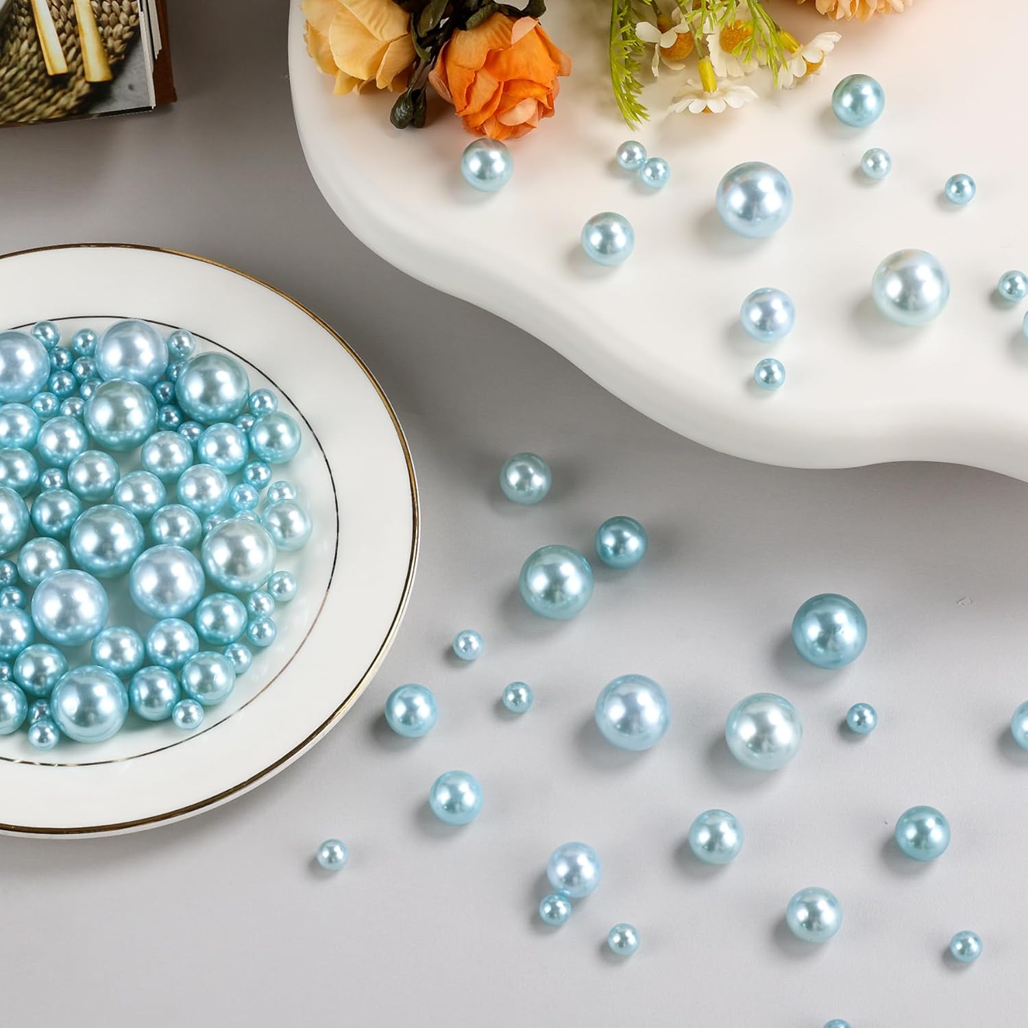 400Pcs Light Blue Pearl Vase Filler Beads, No Hole Faux Pearls Beads for Centerpieces Vases,Wedding Decorations, Birthday Party Home Table Decor,for Floating Candle(8/14/18mm) - Image 3