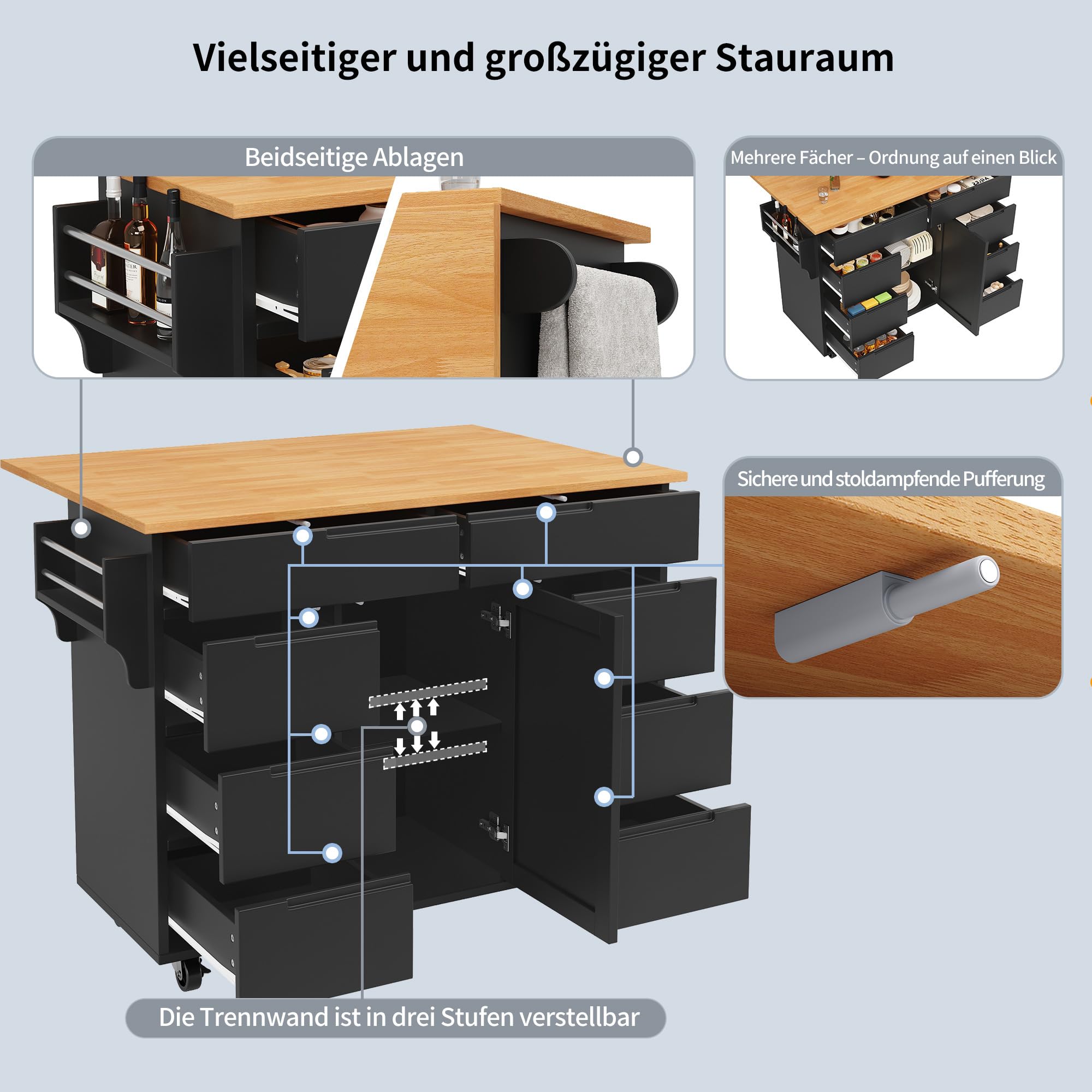 Kücheninsel, Moderne Küchenschrank, Ausziehbarer Küchenwagen mit Rollen und Arbeitsplatte, Servierwagen mit Gewürzregal und 8 Schubladen (Schwarz)